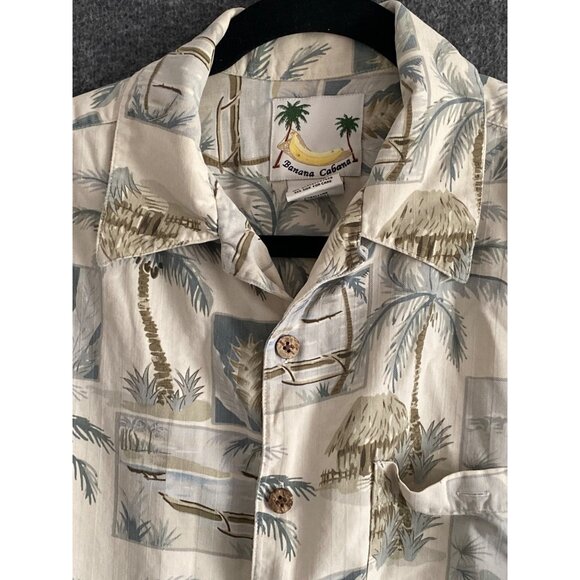VTG Banana Cabana Shirt SS Hawaiian Palm Tree Cream Blue Button Front Chest L - Picture 5 of 8
